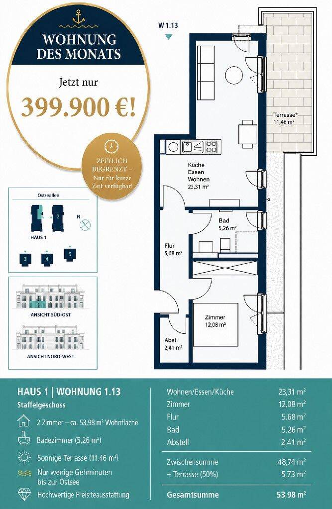 gemütliche 2-Zimmer-Wohnung mit Dachterasse in Strandnähe, 23946 Boltenhagen