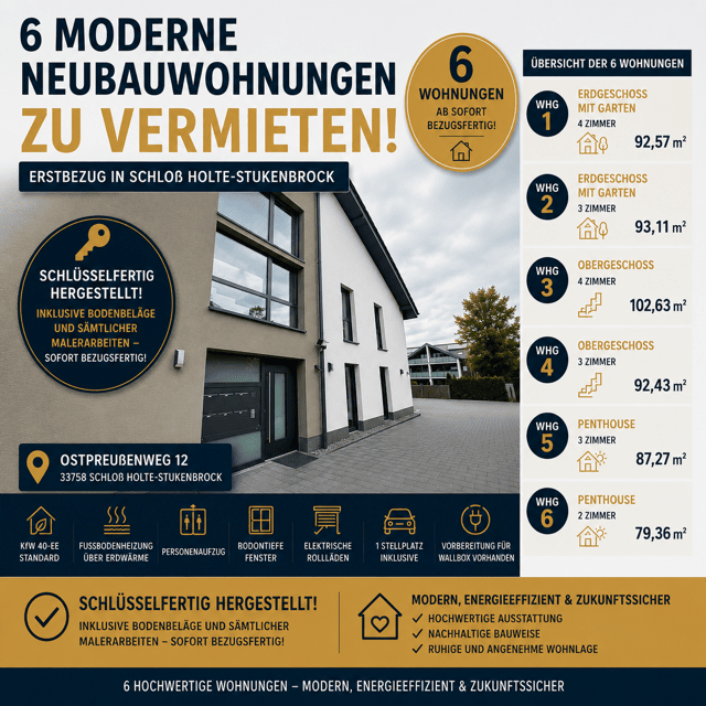 Moderne Neubauwohnungen zur Vermietung – Erstbezug, 33758 Schloß Holte-Stukenbrock