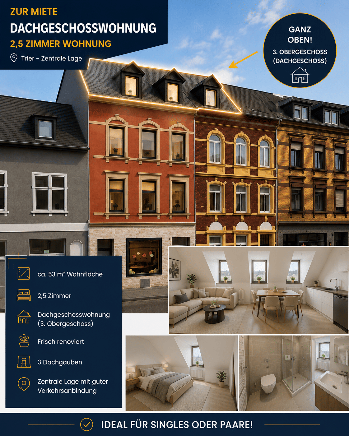 Ab 01.08.2026 / 2,5-Zimmerwohnung / Einbauküche / 3. Obergeschoss (Dachgeschoss) / ohne Aufzug, 54292 Trier (Eitelsbach Ruwer Trier-Nord)