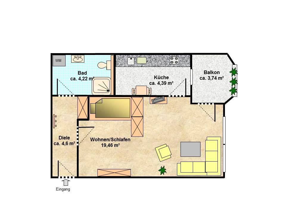 Teilmöblierte 1-Zimmer-Wohnung mit Tiefgaragenstellplatz in zentrumsnaher Lage, Spinnereistr., 91052 Erlangen (Anger Erlangen-Ost Erlangen-Süd Innenstadt)