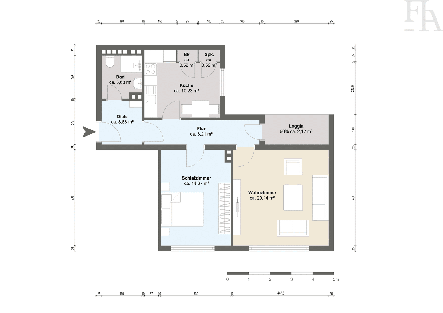 Provisionsfrei – Sanierte 2 Zimmer, große Küche, Duschbad, Loggia, 40215 Düsseldorf (Friedrichstadt)