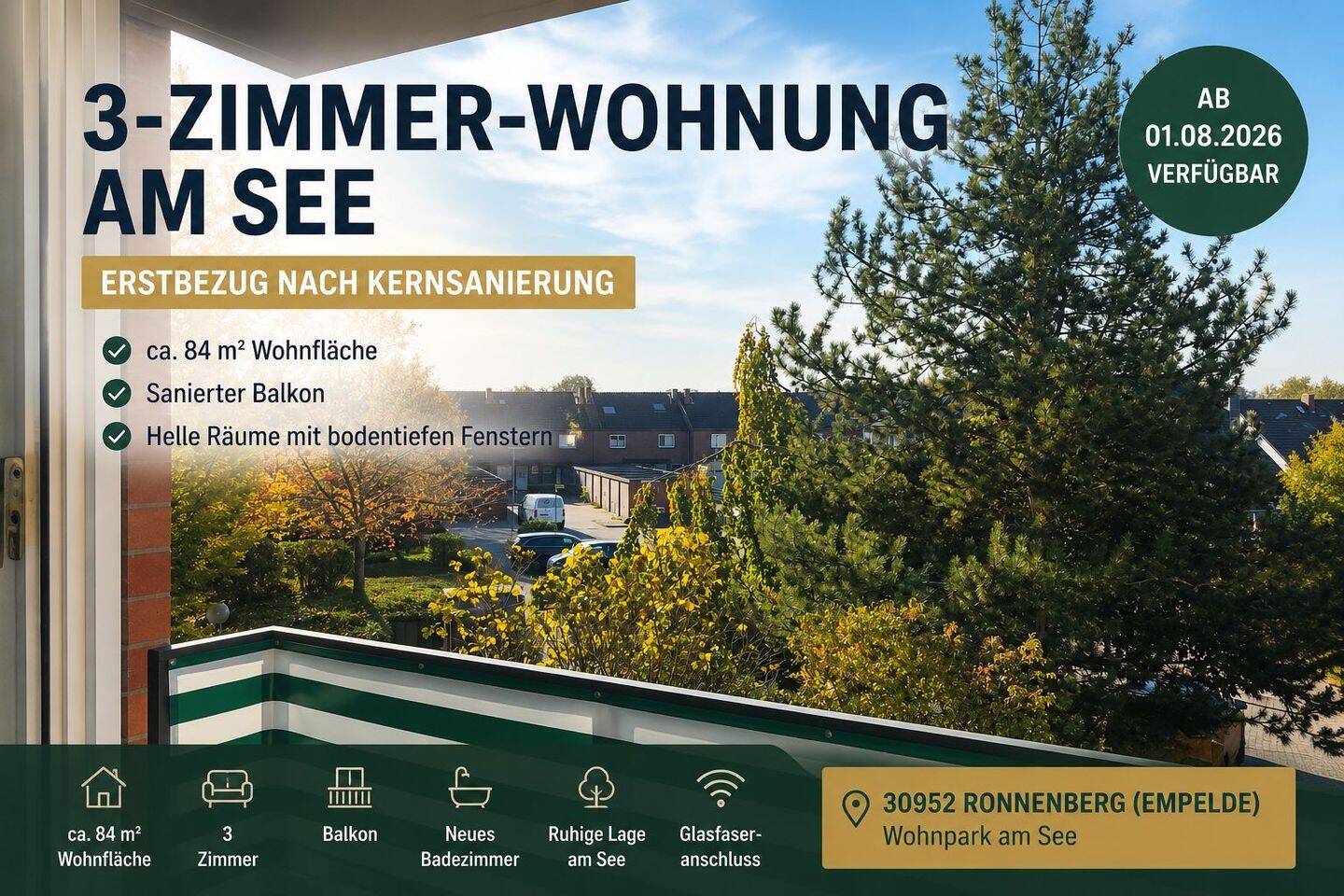 3-Zimmer-Wohnung am See mit Balkon | Erstbezug nach Kernsanierung, 30952 Ronnenberg