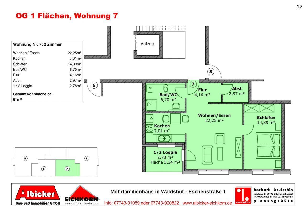 Waldshut-Bergstadt: 2 Zimmerwohnung 1. Obergeschoss mit Balkon ca. 61m² mit Lift zu vermieten, 79761 Waldshut-Tiengen