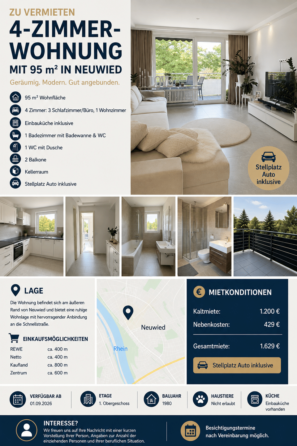 Moderne 4-Zimmer-Wohnung mit 95 m², 2 Balkonen und Stellplatz in Neuwied, 56564 Neuwied