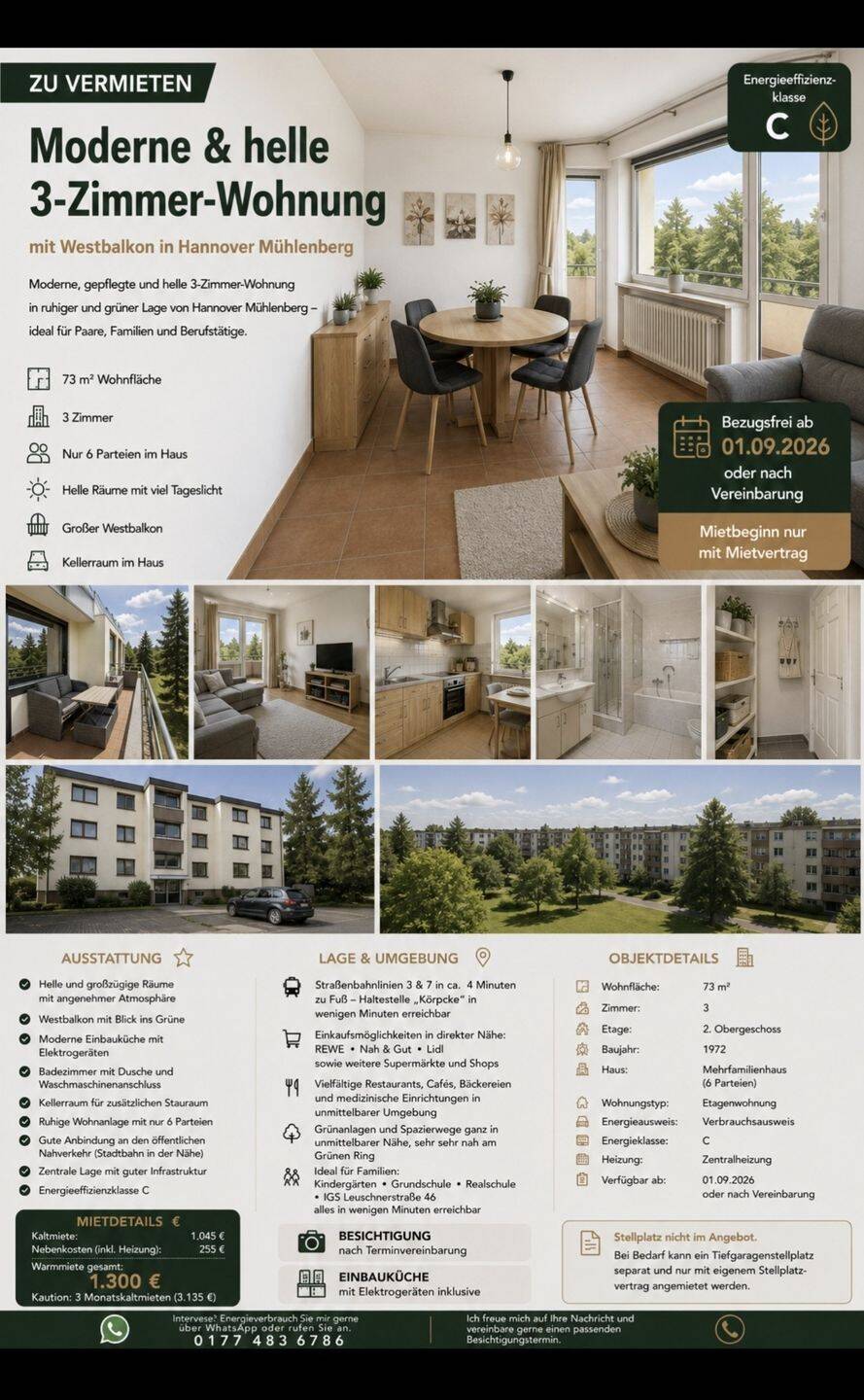 Moderne und helle 3 Zimmer Wohnung mit Westbalkon, Einbauküche und Aufzug in Hannover Mühlenberg, 30457 Hannover