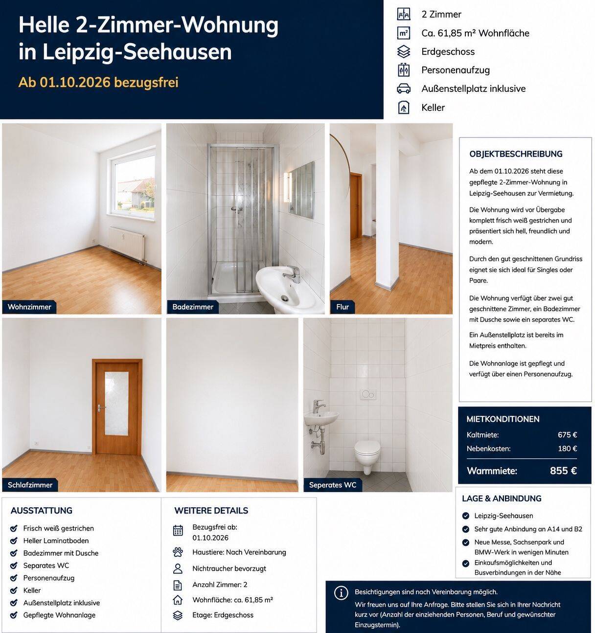 Helle 2-Zimmer-Wohnung mit Außenstellplatz in Leipzig-Seehausen – ab 01.10.2026, 4356 Leipzig (Seehausen Wiederitzsch)