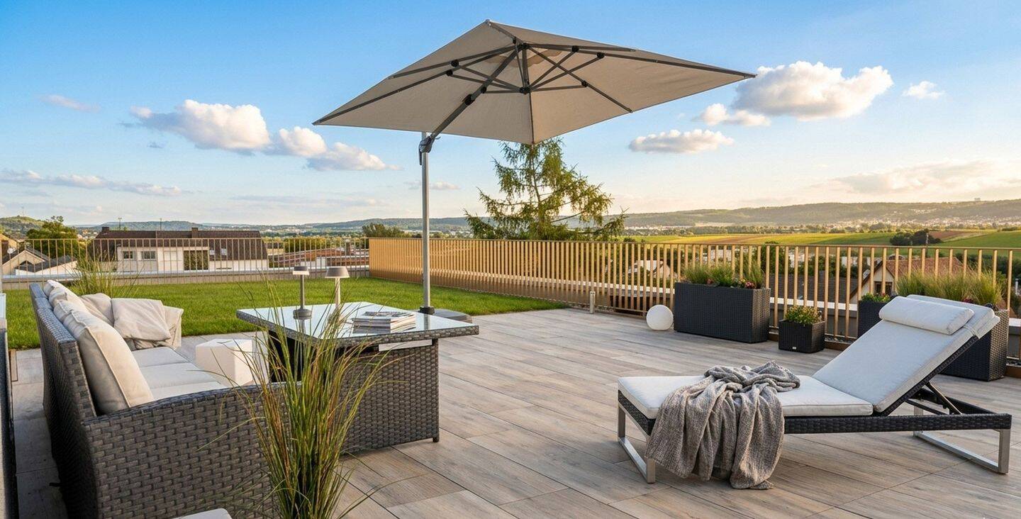 Exklusives Penthouse: Bungalow-Feeling mit spektakulärem Panorama, gigantischer Terrasse und Garten, 71254 Ditzingen