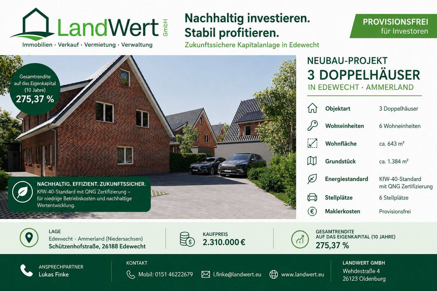 Neubauprojekt: 3 moderne Doppelhäuser mit 6 Wohneinheiten KfW-40 & QNG Siegel, 26188 Edewecht