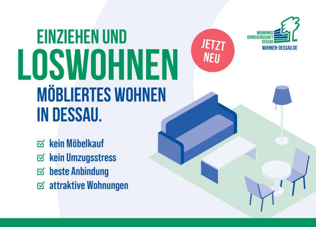 Möblierte 1-Raumwohnung mit Küche, 6842 Dessau-Roßlau (Innenstadt Kleutsch Mildensee Sollnitz Süd)