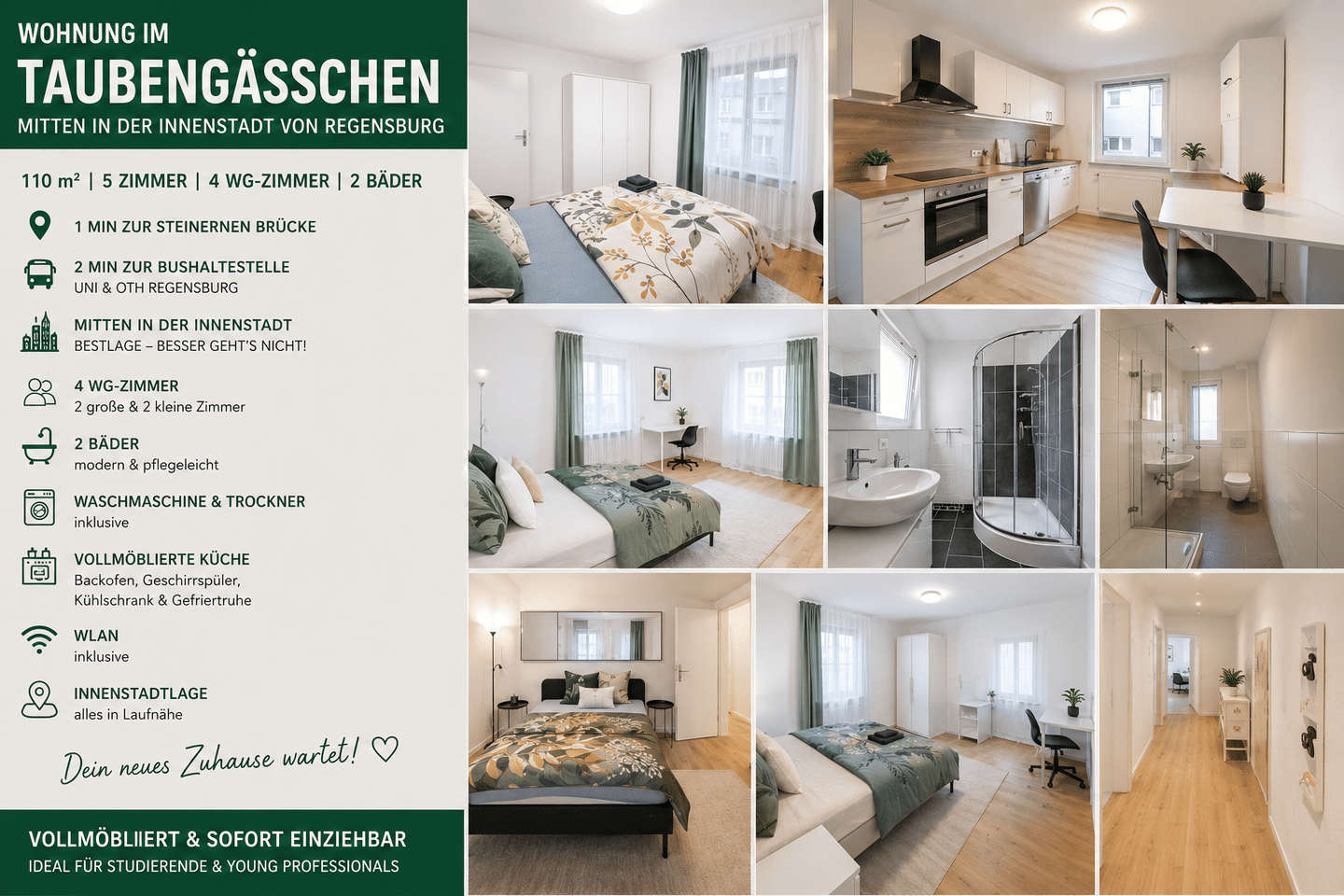 Premium WG-Zimmer in Regensburg Altstadt | Erstbezug | voll möbliert | 2 Bäder | WLAN, 93047 Regensburg (Innenstadt Kasernenviertel Ostenviertel Westenviertel)