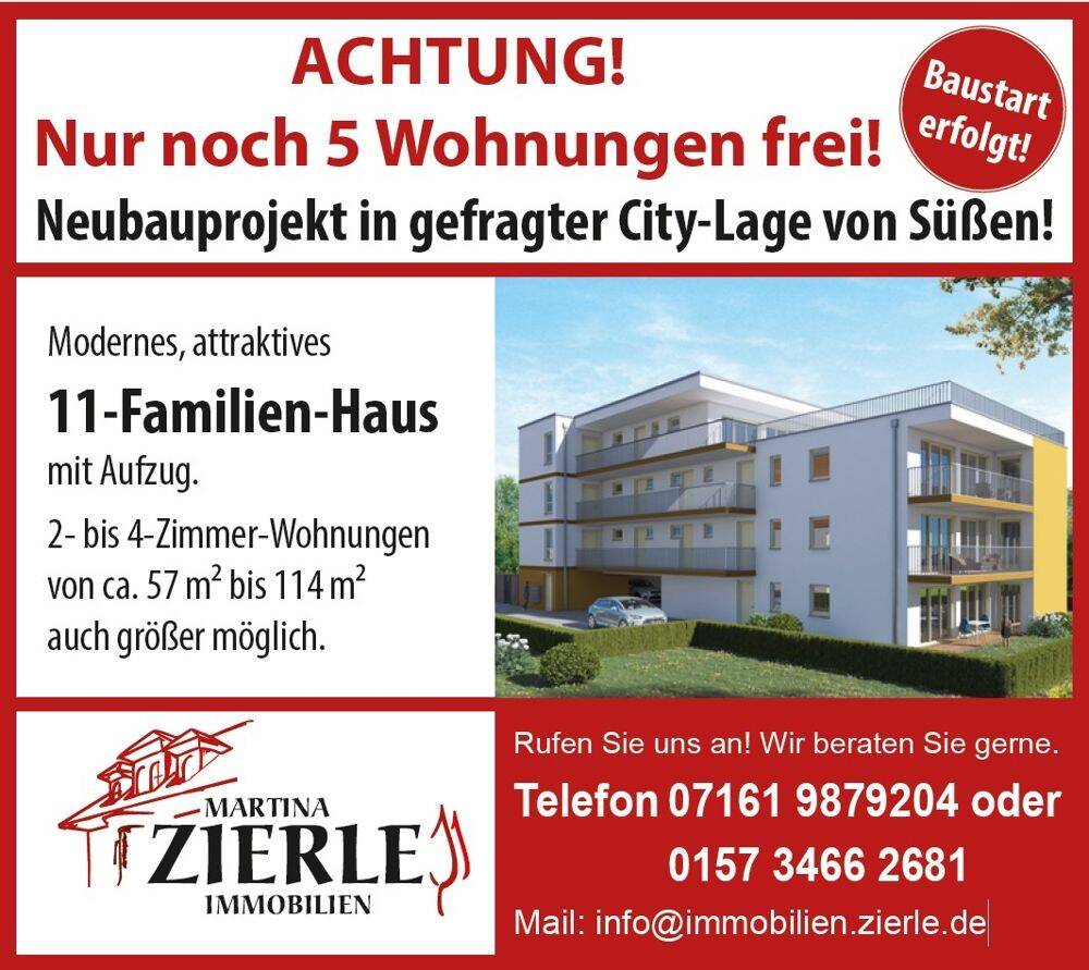 Neubauprojekt in Süßen! Tolle 4-Zimmer-Wohnung, 2.OG, ideal für Familien, großer Balkon, Aufzug !, 73079 Süßen