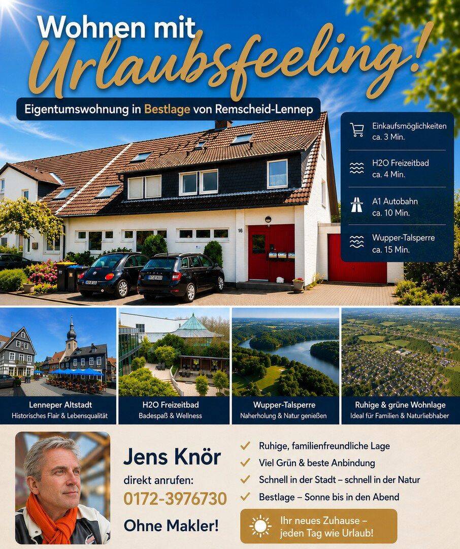 Eigentumswohnung mit Wintergarten, 2 Stellplätze, 1 gr. Garage, Garten in Bestlage Remscheid-Lennep, 42897 Remscheid (Lennep)