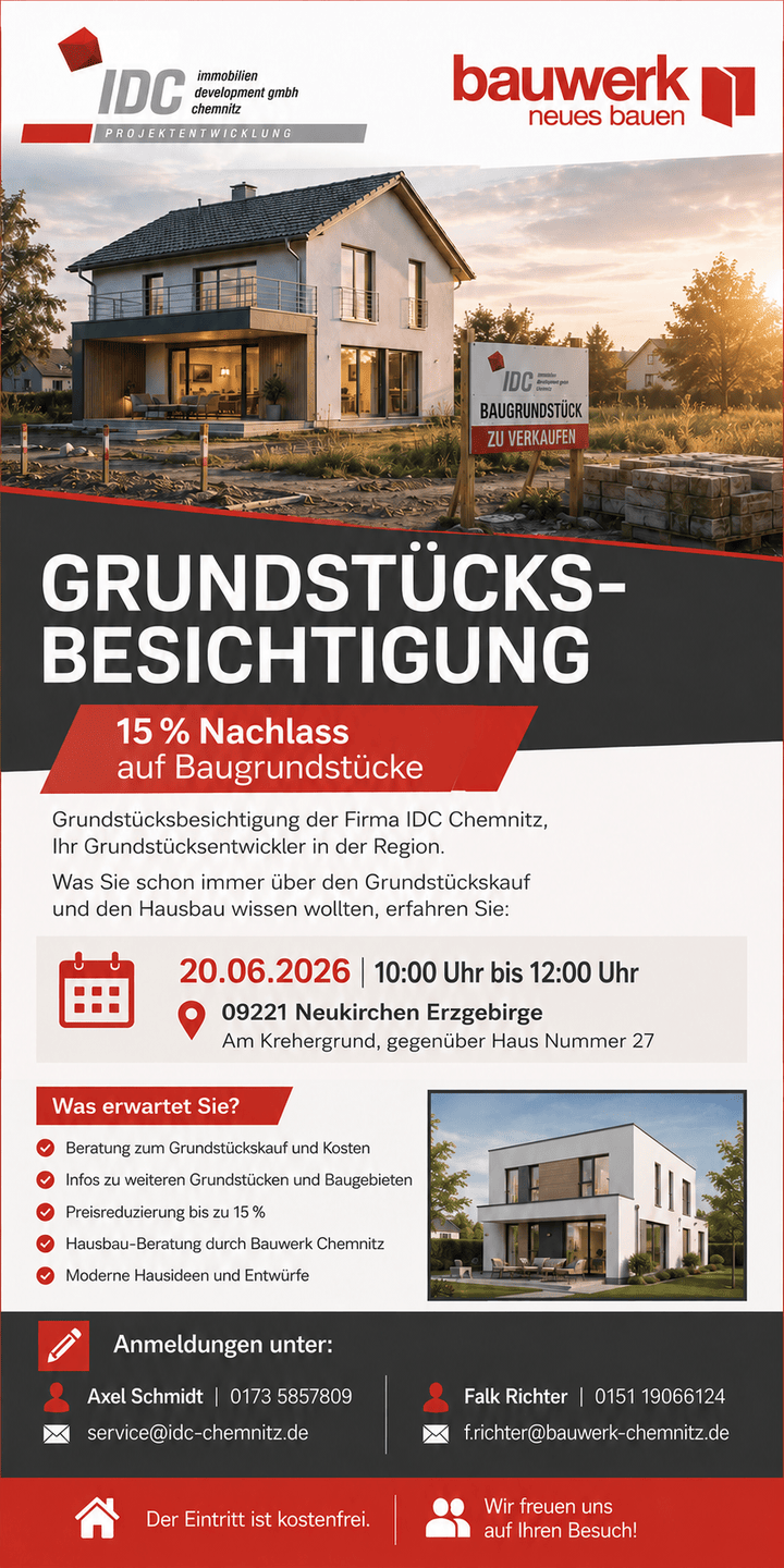 Einladung zur Grundstücksbesichtigung und Hausbauberatung am 20.06.26, 9125 Chemnitz (Altchemnitz Bernsdorf Erfenschlag Harthau Reichenhain)