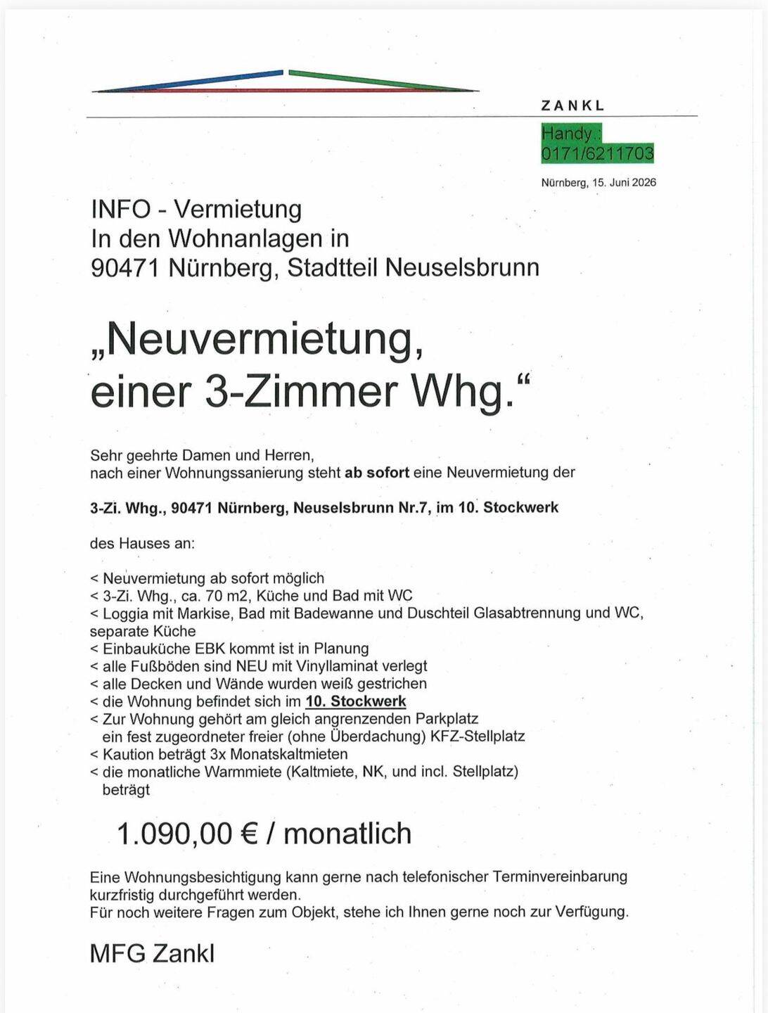 3 Zimmerwohnung im Süden Nürnbergs, 90471 Nürnberg (Dutzendteich Langwasser Neuselsbrunn Stadion Zollhaus)