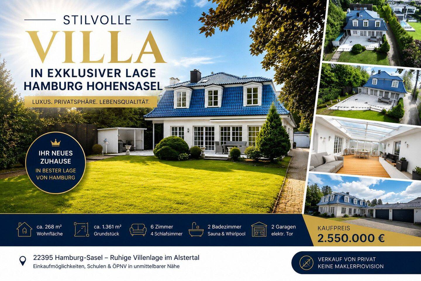 Exklusive Villa in Hamburg-Hohensasel – Eleganz, Privatsphäre & Lebensqualität, 22395 Hamburg (Wandsbek Bergstedt Poppenbüttel Sasel Wohldorf-Ohlstedt)