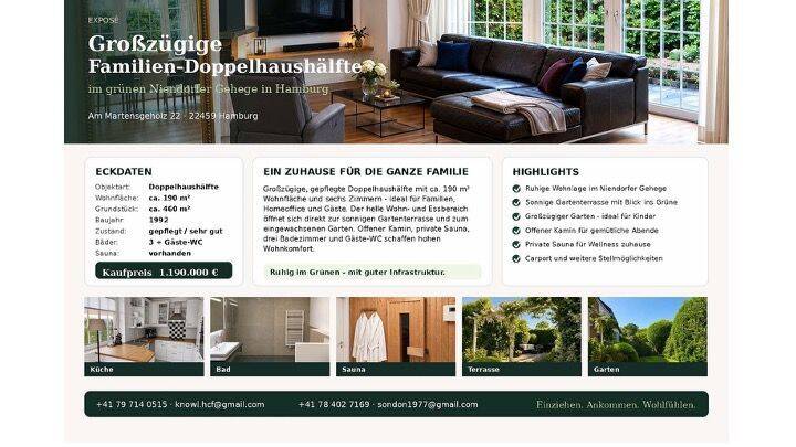 Großzügige Doppelhaushälfte in grüner Lage am Niendorfer Gehege mit Garten, Kamin & Sauna, 22459 Hamburg (Eimsbüttel Niendorf Schnelsen)