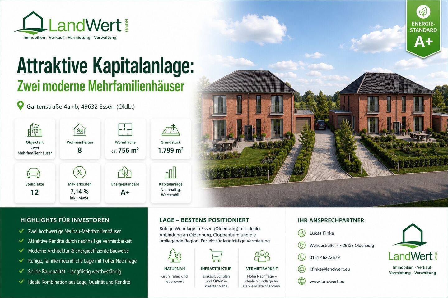 Zwei moderne Mehrfamilienhäuser mit 8 Wohneinheiten im KfW-40-Standard mit QNG Zertifizierung,, 49632 Essen (Oldenburg)