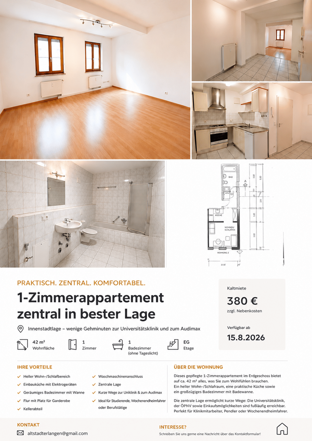 1-Zimmer Appartment in Erlanger Altstadt (unmöbliert), 91054 Erlangen (Burgberg Erlangen-Nord Erlangen-Ost Innenstadt Sieglitzhof)