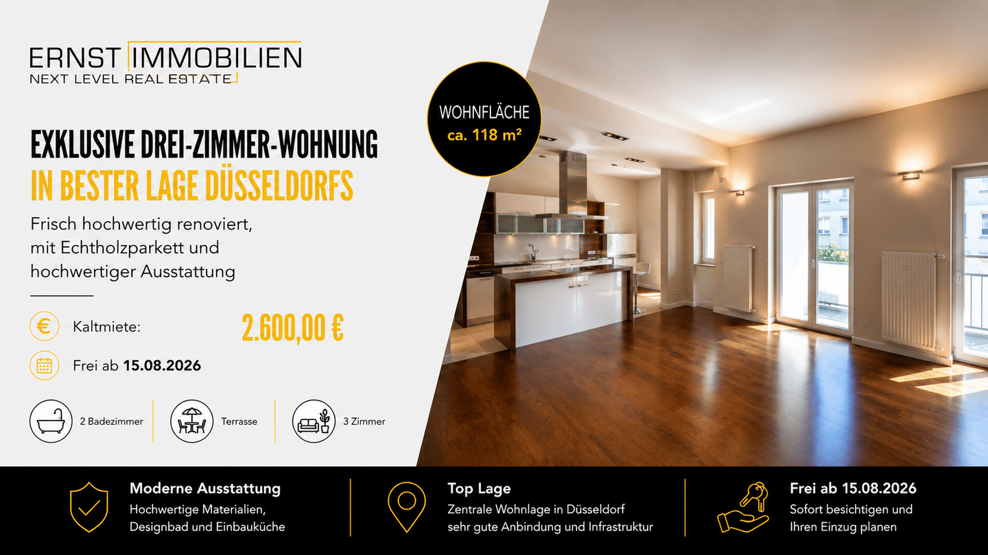 Exklusive 3 Zimmerwohnung mit Terrasse, offener Kamin, Einbauküche in Düsseldorf-Zooviertel / Pempelfort, 40477 Düsseldorf (Derendorf Golzheim Pempelfort)