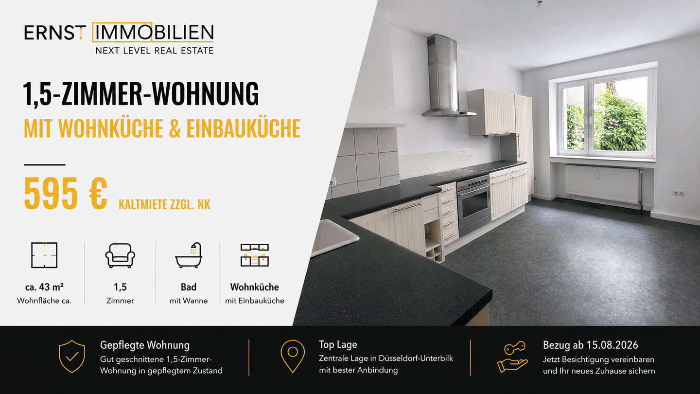 Charmante 1,5 Zimmerwohnung mit Einbauküche, 40217 Düsseldorf (Friedrichstadt Unterbilk)
