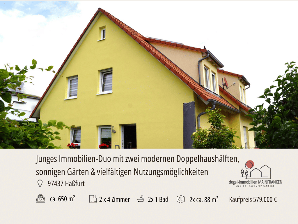 Junges Immobilienduo mit zwei modernen Doppelhaushälften, sonnigen Gärten & vielfältigen Nutzungsmöglichkeiten, 97437 Haßfurt