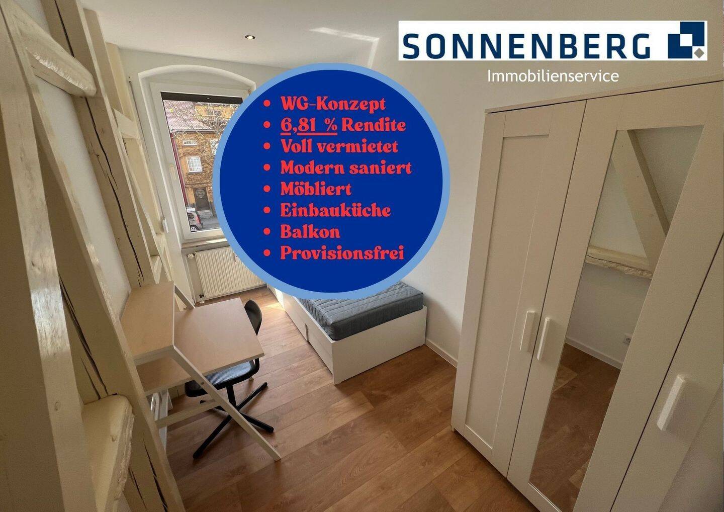 IST- Mietrendite 6,81 % / vermietet / WG-Konzept / frisch saniert mit Balkon und Einbauküche, 99092 Erfurt