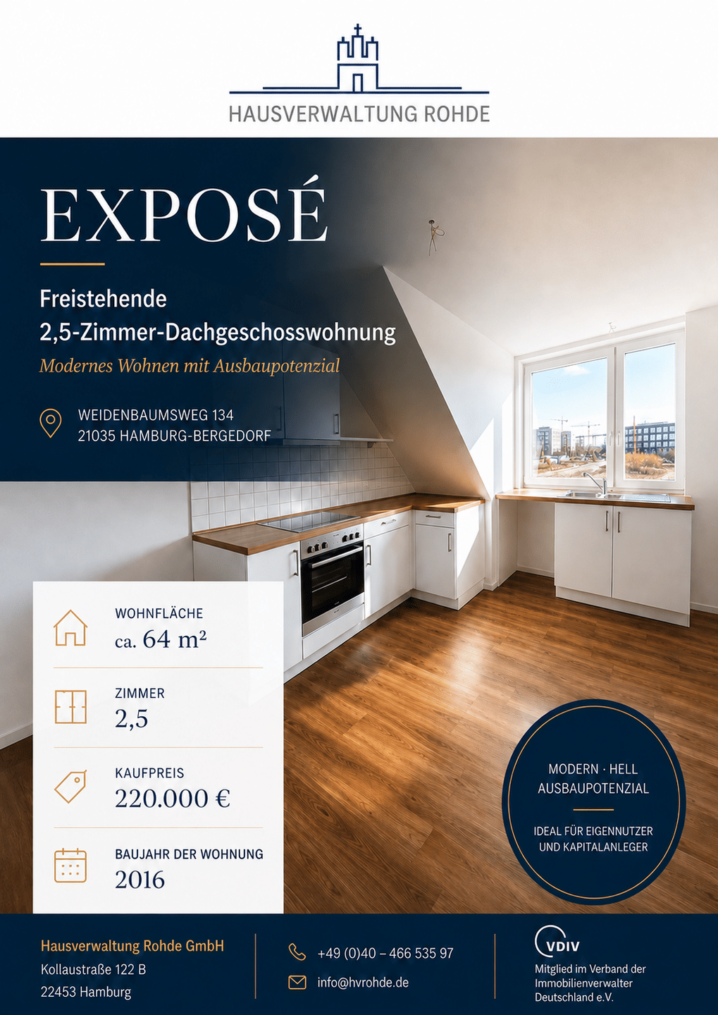 freistehende 2,5 Zimmer Dachgeschosswohnung mit offenem Wohnbereich, Dachbodenreserve und Kellerabteil in Bergedorf, 21035 Hamburg (Bergedorf Allermöhe Billwerder Neuallermöhe)