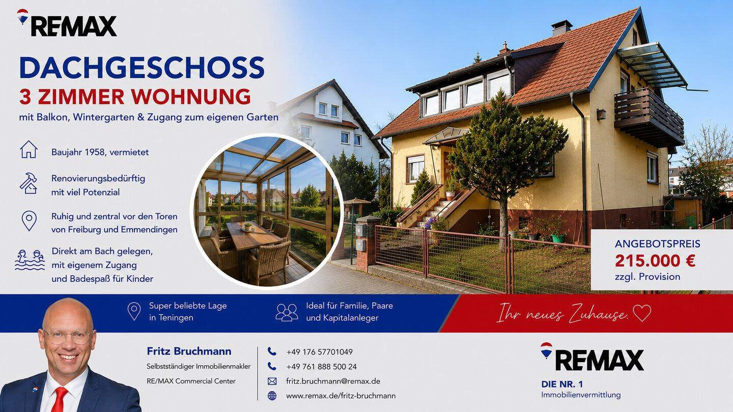 Traumhaft schöne vermietete 3-Zimmer-Wohnung im DG mit Garage, Balkon, Wintergarten, Garten am Bach, 79331 Teningen