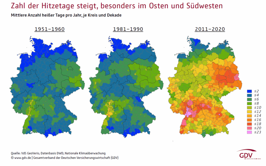 Schutz vor Überhitzung: So bleiben Wohnung und Haus auch im Hochsommer angenehm kühl 1 Schutz vor Überhitzung - wer wo von Überhitzung betroffen ist zeigt die Infografik mit den meisten Hitzetagen, die zwischen 2011 und 2020 deutlich zugenommen haben