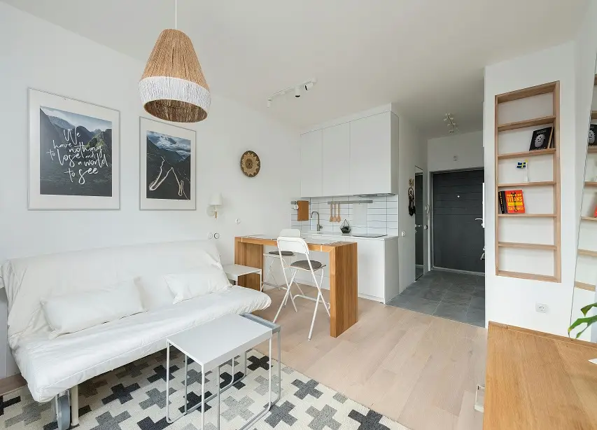 Kleine Wohnung, großer Stil: Die neuesten Einrichtungstrends 2 kleine Wohnung mit mehr Pepp Bild zeigt ausklappbares Bettsofa und Kitchenette mit optimaler Raumausnutzung