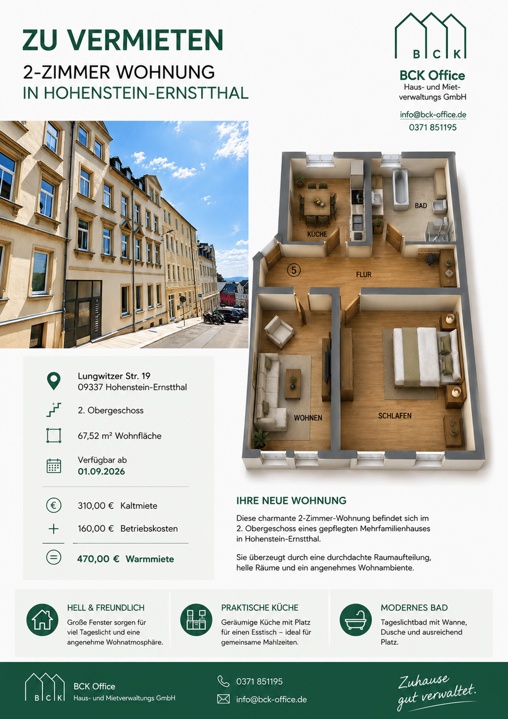 Moderne 2-Zimmer-Wohnung zur Miete in Hohenstein-Ernstthal, 9337 Bernsdorf