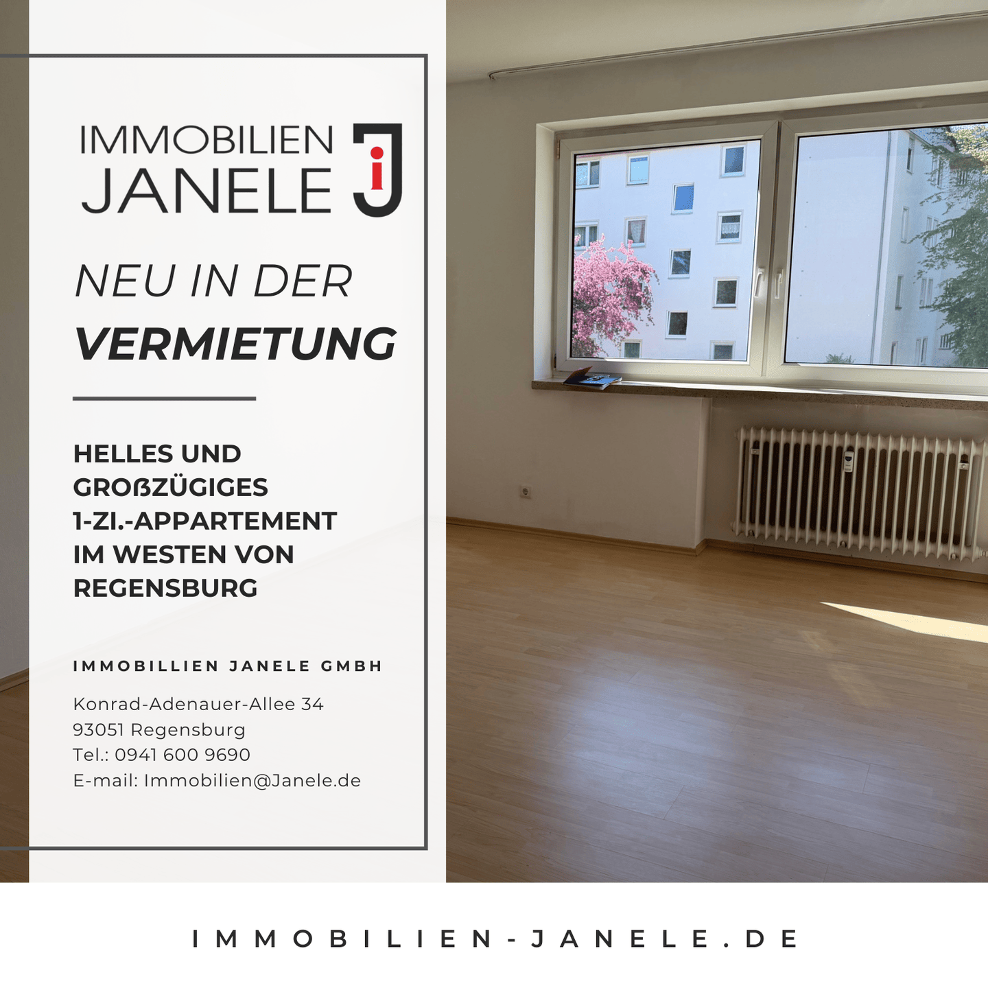 Helles und großzügiges 1-Zi.-Appartement mit Gartenblick im Westen von Regensburg, 93049 Regensburg (Großprüfening-Dechbetten-Königswiesen Innenstadt Westenviertel)