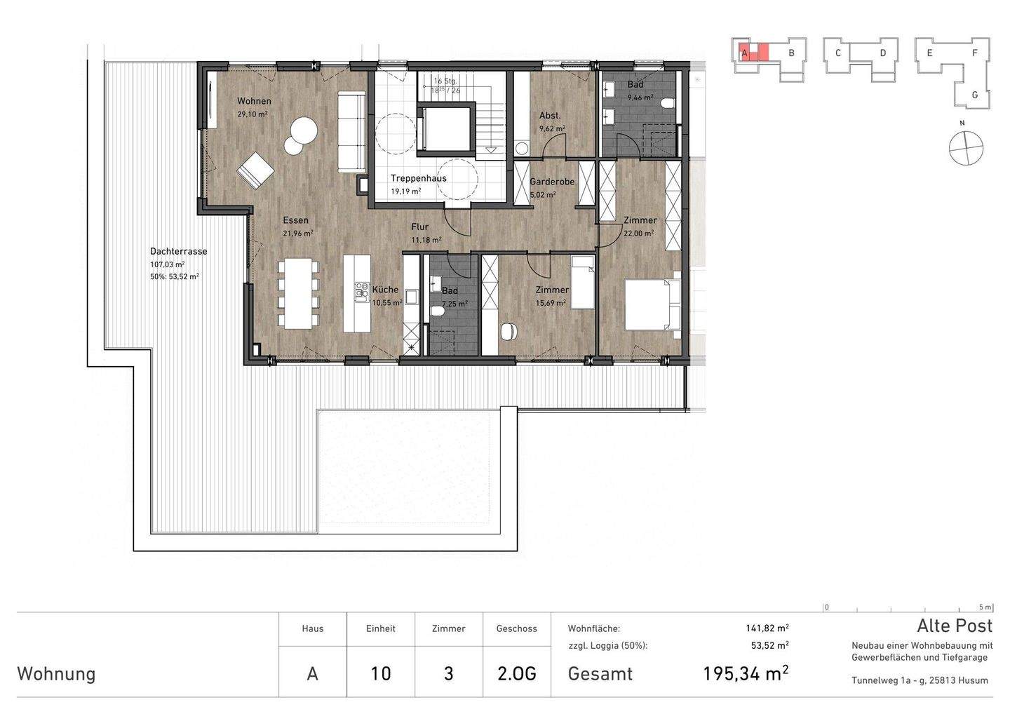 Mehr als Wohnen: Luxus 2-3-Zimmer-Neubau im KfW-55-Standard mit XXL Dachterrasse/Loggia im Quartier Alte Post, 25813 Husum