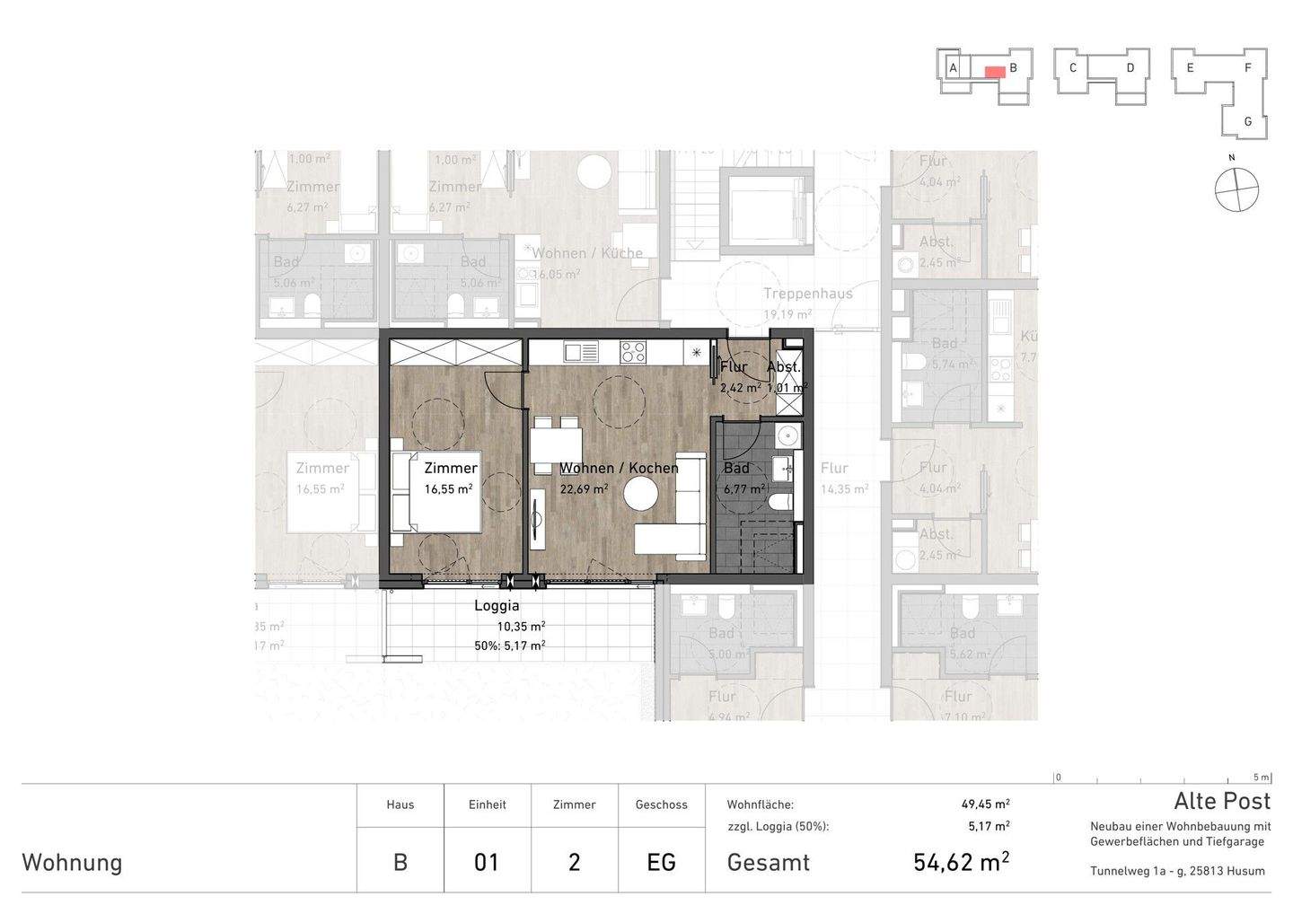 Gehobene 2-Zimmer Komfort-Neubauwohnungen im KfW-55-Standard 58-60 m2 mit großzügiger Loggia, Aufzug und Tiefgaragenplatz im Quartier Alte Post, 25813 Husum