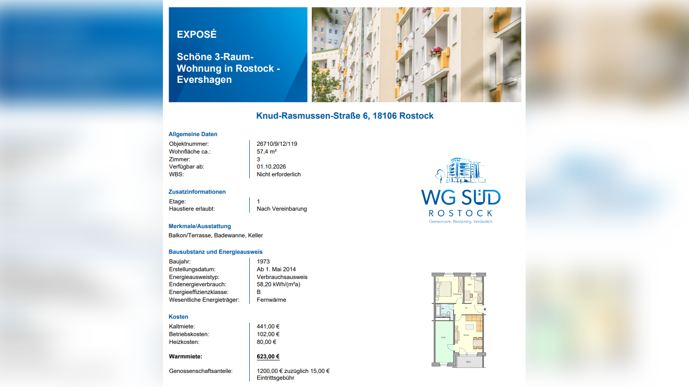 3-Raum-Wohnung in Rostock-Evershagen (ggf. ab 15.09.) – 18106 Rostock – Vorschaubild 3