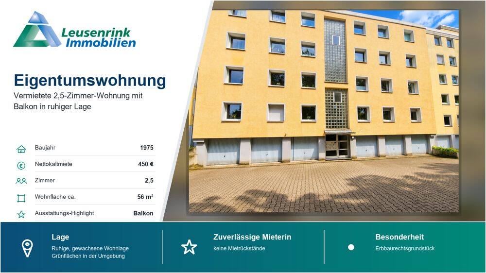 2,5 Zimmer-Eigentumswohnung mit Balkon in ruhiger Wohnlage, 44867 Bochum (Höntrop Leithe Sevinghausen Wattenscheid Westenfeld)