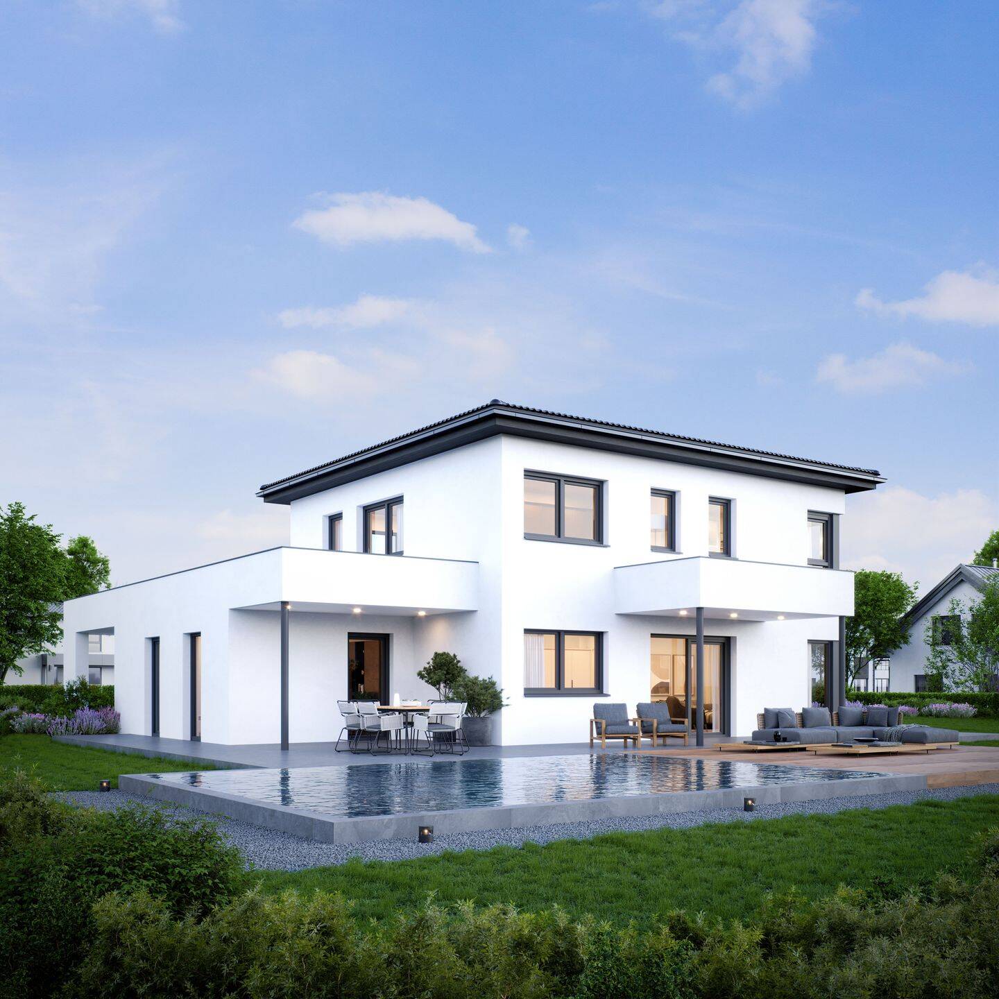 Elegante Stadtvilla ELK Duo 166: Modernes Wohndesign mit exklusivem Walmdach und großzügigem Weitblick in ruhiger Lage von Schönfeld, 1561 Schönfeld