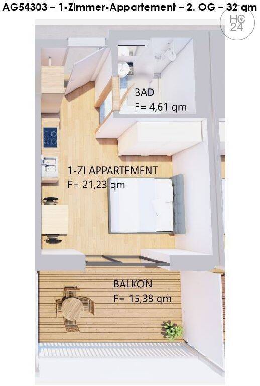 Möbliertes, helles 1-Zimmer-Appartement mit Balkon im 2.OG in Kaufbeuren, 87600 Kaufbeuren