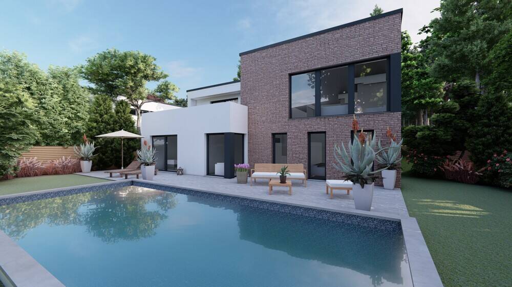 Architektenvilla am Waldrand – Bauhausbungalow mit Dachterrasse, Doppelgarage und exklusiver Privatsphäre, 51429 Bergisch Gladbach