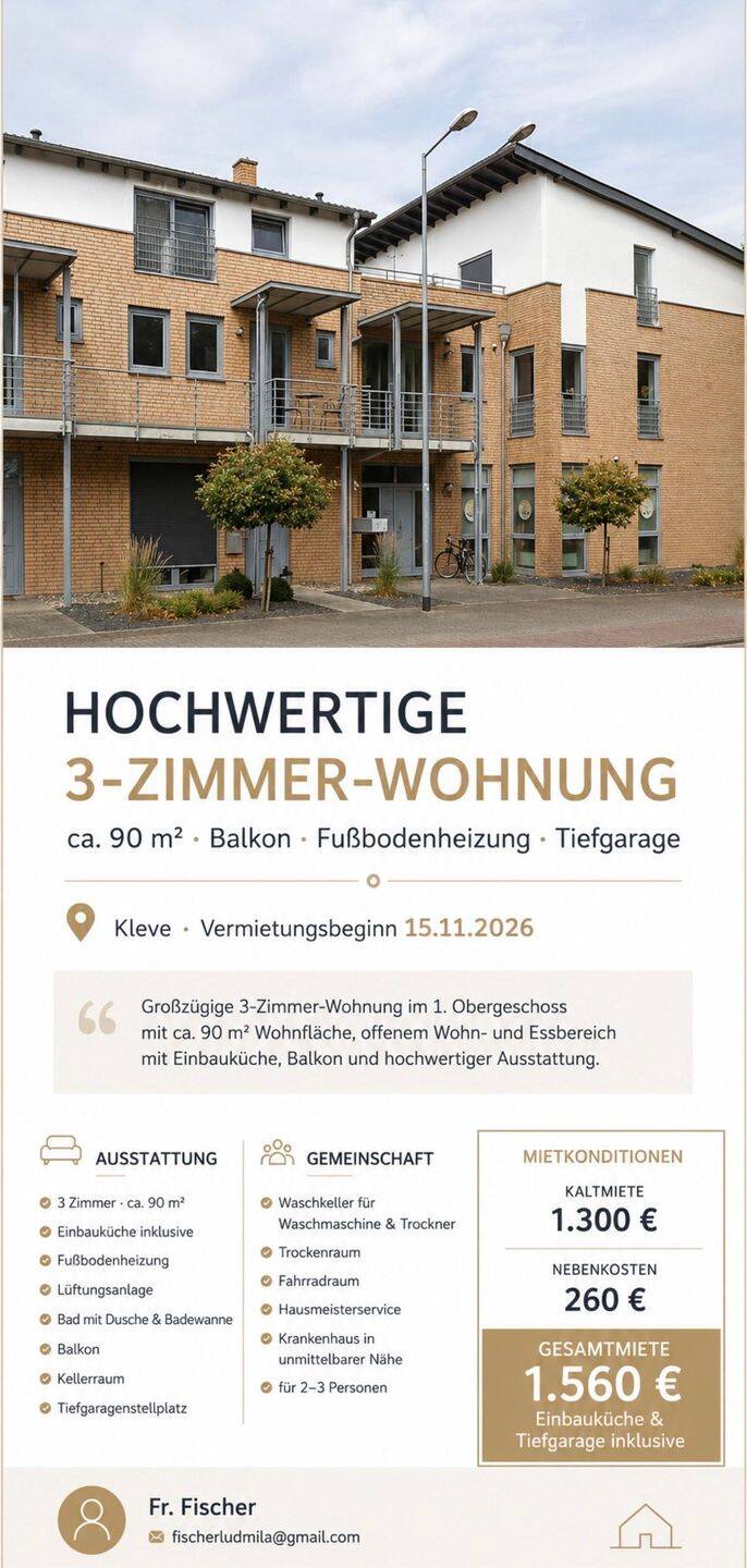 Hochwertige 3- Zimmer Wohnung mit Balkon, Fußbodenheizung & Tiefg, 47533 Kleve