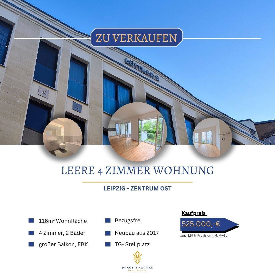 Bezugsfreie moderne 4-Zimmer-Eigentumswohnung mit 116 m² Wohnfläche, zwei Bädern & großem Balkon – ideal für Familien, 4103 Leipzig (Zentrum Zentrum-Ost Zentrum-Südost)