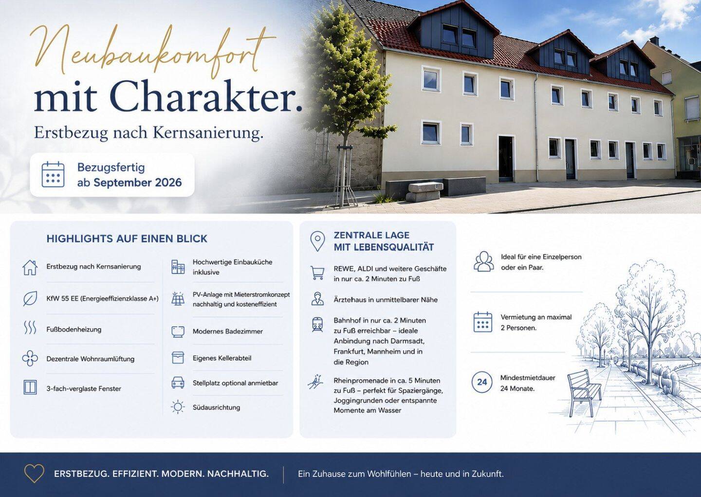 Erstbezug nach Kernsanierung | KfW55 EE | 62 m² | OG/DG | Bahnhof 2 Min. | Bezugsfertig 10/2026, 64579 Gernsheim