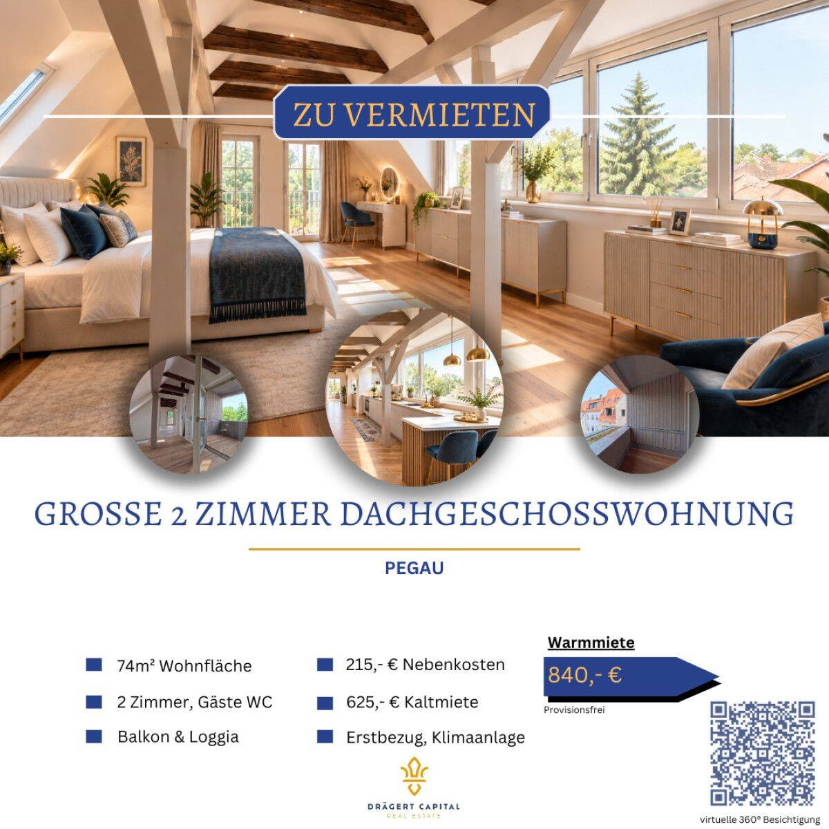 großzügige charmante 2 Zimmer Dachgeschosswohnung mit Balkon, Dachloggia und Klimaanlage, 4523 Pegau