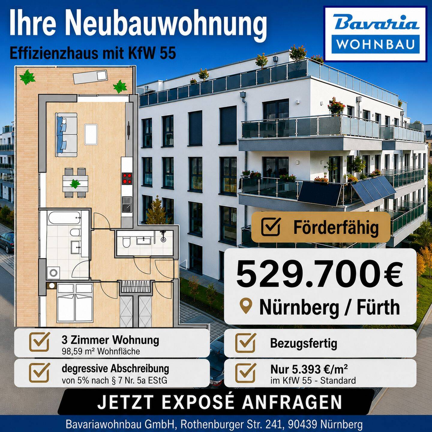IDEAL FÜR PAARE UND FAMILIEN – GROßZÜGIG GESCHNITTENE 3-ZIMMER NEUBAUWOHNUNG MIT BALKON – ERSTBEZUG
