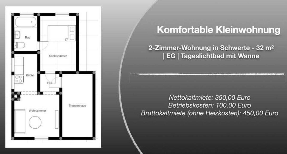 2-Zimmer-Wohnung in Schwert – 32m² | EG | Tageslichtbad mit Wanne, 58239 Schwerte
