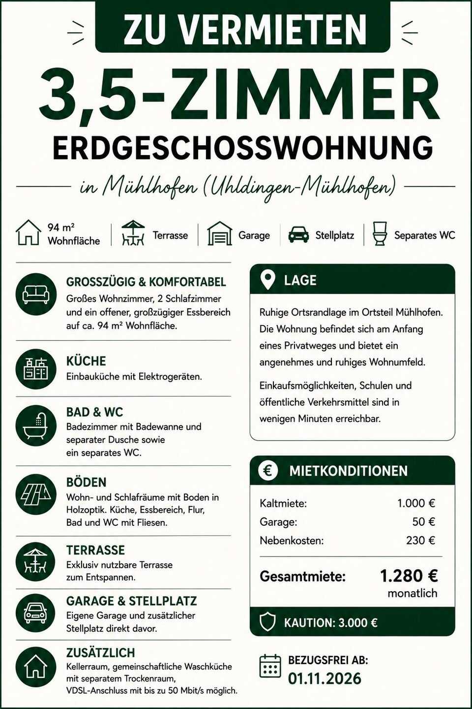 3,5-Zimmer-Erdgeschosswohnung mit Terrasse, Garage & Stellplatz, 88690 Uhldingen-Mühlhofen