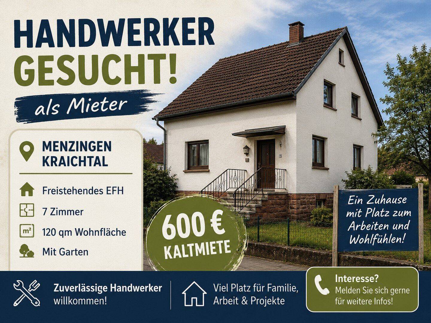 Handwerker gesucht – Wohnen gegen Renovierung! EFH mit Garten Menzingen, 76703 Kraichtal