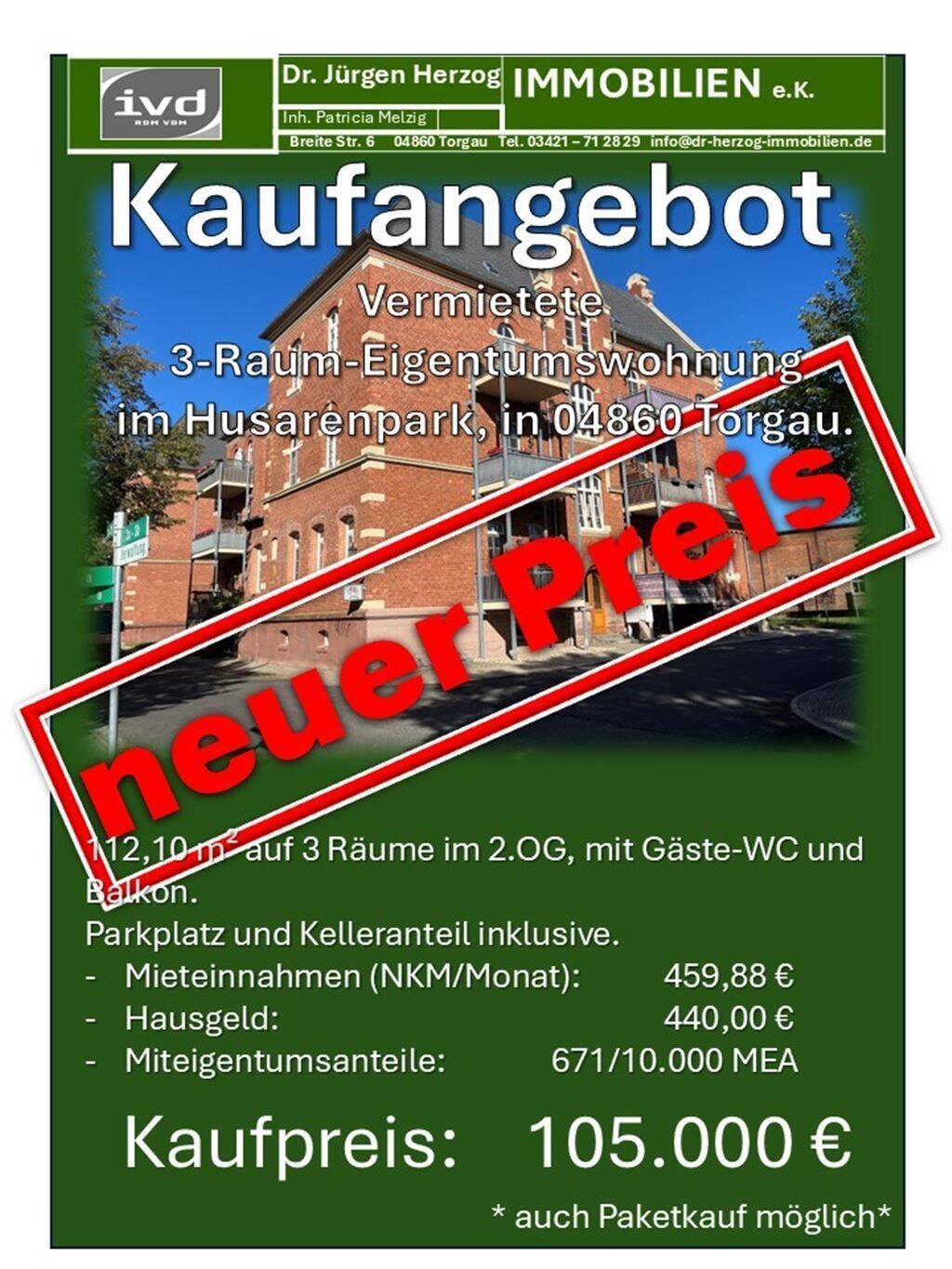 Vermietete 3-Raum-Eigentumswohnung mit Gäste-WC und Balkon, im Husarenpark, in 04860 Torgau, 4860 Dreiheide