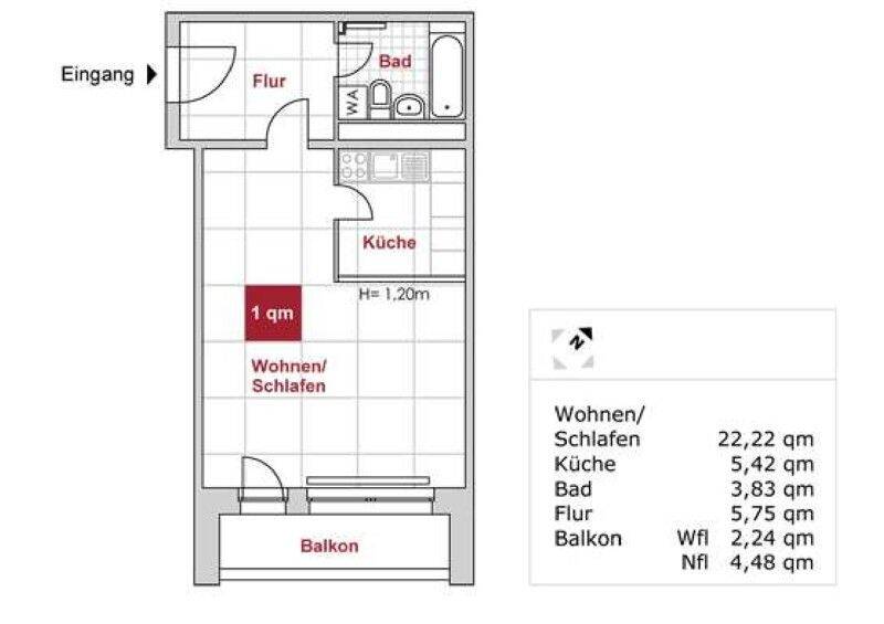 Singlewohnung mit Balkon, 1239 Dresden