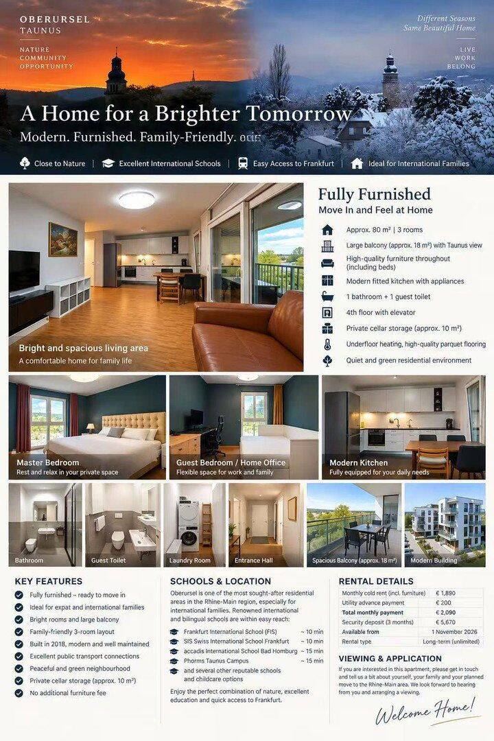 Fully Furnished 3-Room Modern Apartment with Large Balcony and Taunus Views in Oberursel, 61440 Oberursel (Taunus)